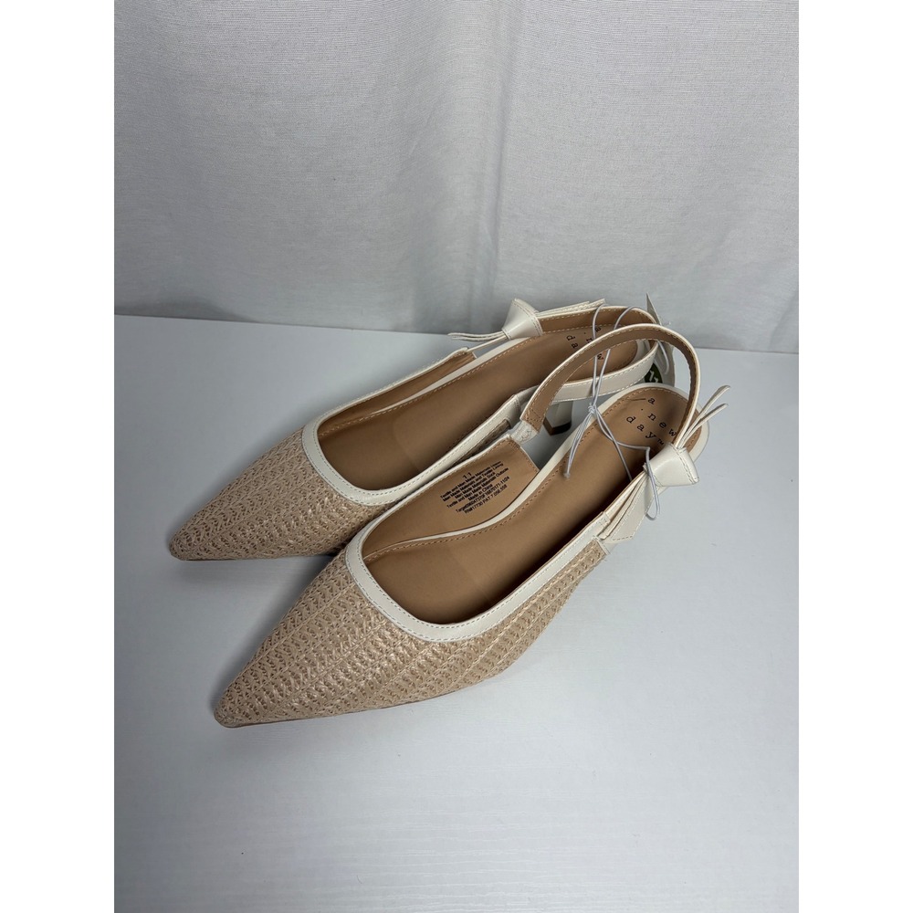 A New Day Milan Beige Woven Raffia Pointed Toe Slingback Bow Kitten Heels 11